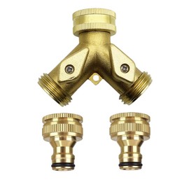 2 Way Brass Tap Connector, Garden Hose Splitter 2 Way Y Valve Brass Hose Connector Garden Tap with 2Pcs 3/4" Garden Hose Tap Connector