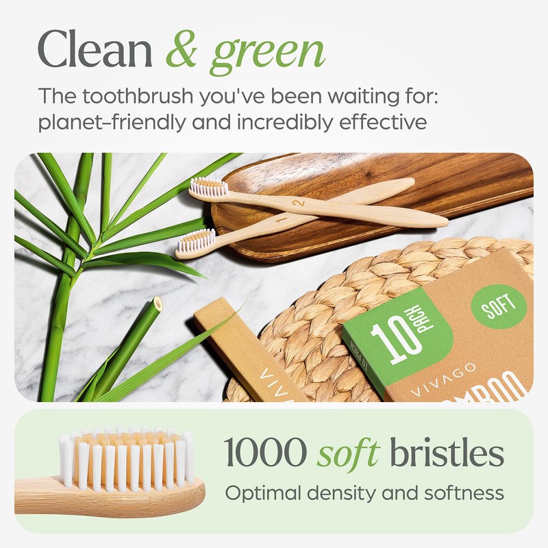 VIVAGO Bamboo Toothbrushes 10 Pack - BPA Free Soft Bristles
