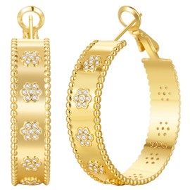 Senteria 8mm Wide 925 Sterling Silver Hoop Earrings for Women Hypoallergenic Chunky Silver Hoop Earrings with Flower Large Thick Hoops Earring Lightweight 14K Gold Plated Hoops for Women 25/30/40/50mm
