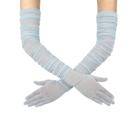 QRBTSCL Women's Stretchy Super Long Tulle Gloves Ruched Opera Mush Semi Sheer Gloves for Evening Party Light Blue