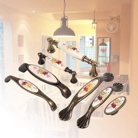 Vintage Flower Pattern Ceramic Drawer Pulls Bronze DIY Door Handles Cabinet Cupboard Drawer Knobs Pull European Antique Ceramic Drawer Handle(2#)