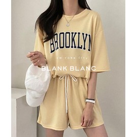BLANK BLANC Women's 2-Piece Set, College Print, Top and Bottom Set, Shorts, Pockets, Room Wear, Relaxing Wear, Home Wear, Street, yellow