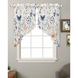 Watercolor Flower Swag Curtains 36 Inch Length, Spring Farm Leaf Country Retro Plant Semi-Sheer Curtain Drapes Rod Pocket Valance for Kitchen,Living Room,Bedroom,Bathroom,Cafe Window 72" Wx36 L