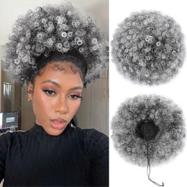 AISI QUEENS Afro Puff Drawstring Ponytail Extension for Black Women, Ombre Gray Faux Buns Short Kinky Curly Hair Ponytail Hair Extension Updo Wrap Fiber Wig(Tgray#)