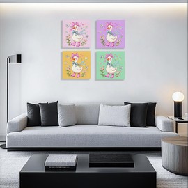 4 Pcs Cute Bow Duck Decor Duck Gifts Ducks Lovers Floral Home Office Girls Room Living Room Office Garden Wall Decor Canvas Wall Art Artwork for Walls Paintings Pictures Framed Art Prints 7.8X7.8 Inch