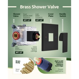 Fekivasy Matte Black Shower Faucet Set - 6 Inch Black Shower Head and Handle Set, Wall Mount Rain Shower Valve and Trim Kit, Black Shower Hardware System Sets with Brass Shower Valve for Bathroom