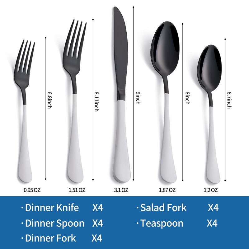 Onlycooker 20-Piece Black Silverware Set 18/0 Stainless Steel Flatware White