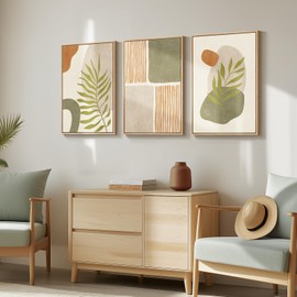 Framed Boho Sage Green Wall Art for Living Room, Large Mid Century Modern Tropical Leaf Canvas Artwork for Walls, 3 Piece Beige Orange Bohemian Wall Art Prints for Bedroom Kitchen Hallway, 16x24 Inch