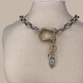 CoolCalmCollected Chunky Mixed Metal Charm Necklace Edgy Modern ShackleCarabin