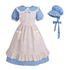 CR ROLECOS Prairie Dresses Girls Colonial Costume Pioneer Girl Dress with Floral Pinafore,Blue S