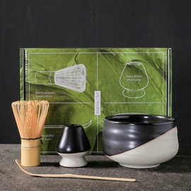 Matcha Set of 4 Tea Utensils, Matcha Ceremony, Rice Bowl, Hundred Points of Chasen, Chasen Whisk, Bamboo Matcha Powder, Whisk, Tea Ceremony, Traditional Crafts, Tea Ceremony, Accessories (Half Black)
