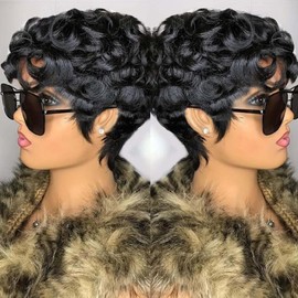 VRZ Pixie Wigs For Black Women Short Pixie Cut Wig Human Hair Glueless Wigs Pre Plucked Short Curly wigs With Bangs For Daily Use 1B Color