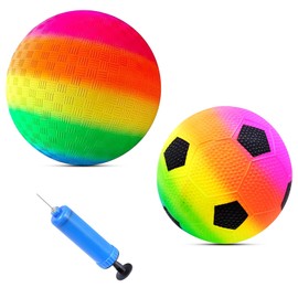 LETTERASHQP Rainbow Balls Inflation, Children's Play Ball, Rainbow PVC Soft Ball for Children Play Ball for Indoor Outdoor Kickball - 1 Rainbow Ball, 1 Rainbow Football & 1 Pump