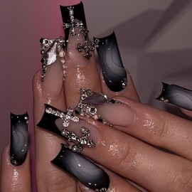 LunarCharm 24 Stück Aufdrücknägel, lang, quadratisch, schwarz, Ombre-Kunstnägel mit Kreuzanhänger-Design, glänzend, vollständige Abdeckung, schwarze künstliche falsche Nägel