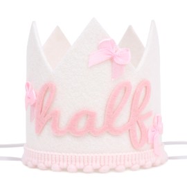 LINLULU Pink Bow Half Birthday Crown - White and Pink 1/2 Birthday Hat for Girls, Bow Theme 6 Months Decorations