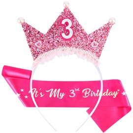 Vovii Birthday Girl Headband with Pearl & Sash Set for 3rd Birthday Decorations for Girls, Princess Crown Headband for 3 Year Old Girl Outfit Gift Dress