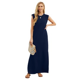 GRECERELLE Women's Summer Casual Crew Neck Split Beach Long Maxi Dress with Pockets (XX-Large, Navy Blue)