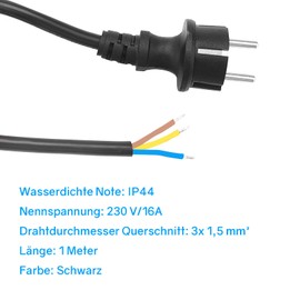 VIEVRE 1 m connection cable with plug, power cable 3 pin, cable 3 x 1.5 mm², Schuko plug with cable, power cable with plug, connection cable with plug, 230 V, 16 A, IP44, black