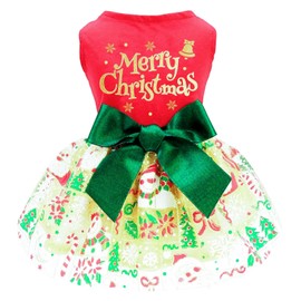 Pet Dog Cat Christmas Outfit, Santa Paws Cotton Doggie Tulle Dress, Holiday Small Dogs Clothes Onesie Pet Apparel Girl Puppy Skirt with Bow (Small)