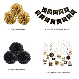 Szhuiher Happy 13th Birthday Hanging Swirls Streamers Decoration, Happy Birthday Banner with Tissue Pompoms, Black and Gold 13 Years Old Birthday Party Hanging Backdrop Decorations