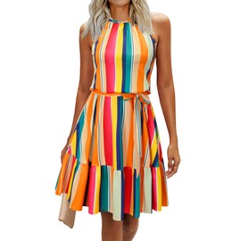 Newshows Women's 2025 Summer Dress Halter Casual Beach Vacation Outfits Hawaiian Dresses Ruffle Belted Sundress with Pockets(Floral-1, S)