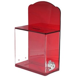 Acrylic Donation Suggestion collection Box For Fundraising Wall mounted Or Retail Countertop Tip Box with curved edges back wall display area 10 x 6 inches, Lock With set of keys (Translucent Red)