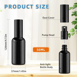 BOSMIOW 6 Pieces 50ml/1.7oz Black Empty Glass Essential Oil Pump Bottles,Refillable Lotion Pump Jars with 1 Funnel and 1 Pipette,Cosmetic Sample Containers for Foundation,Cream,Gel,Shampoo
