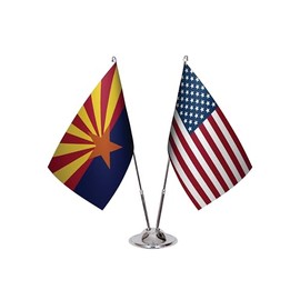 American & State Flag Desk Set – 6 x 9” Premium Satin Table Flags with Heavy Chrome Stand, Non-Tip Base – USA & State Mini Flags for Office or Decor (Arizona)