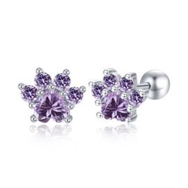 Paw Print Earrings for Women Teens S925 Sterling Silver Paw Print Studs Pet Earrings Minimalist Paw Earrings Hypoallergenic Lightweight Trendy Jewellery Gifts (02-Purple)