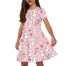 XXQGOMG Cute Cat Summer Dresses for Girls 9-10 Short Sundress with Side Pocket Scoop Neck Summer Clothes High Waisted Birthday Party Dress for Girls Back to School Outfits