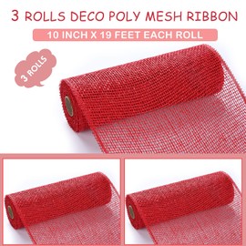 3 Rolls Poly Burlap Deco Mesh -10 Inch Wide Deco Poly Decorative Mesh Ribbon Wrapping Ribbon Rolls for Home Door Wreath Decoration DIY Crafts Making (Red)