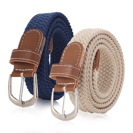 MIVAIUN 2 Pack Elastic Braided Belt Unisex Stretch Belts, Slender Canvas Belt, Casual Belts, Braided Belt, with Covered Leather Buckle, for Jeans, Pants, One Size (blue、white)