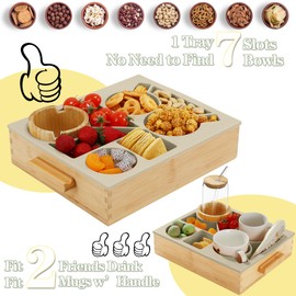 Nnewvante Couch Cup Holder,8 in 1 Divided Serving Tray with Handle for Sofa Bed RV Car Organizer Caddy Movie Night Snack Trays, Bamboo and BPA Free Silicone, Light Grey