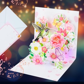 3D Popup Mother's Day Card | Musical Lights Up Greeting Cards | Hummingbird Flowers Floral Design | Includes Envelope & Blank Note Card | Colorful Lighting Pop Up Cards for Birthday & Special Occasion