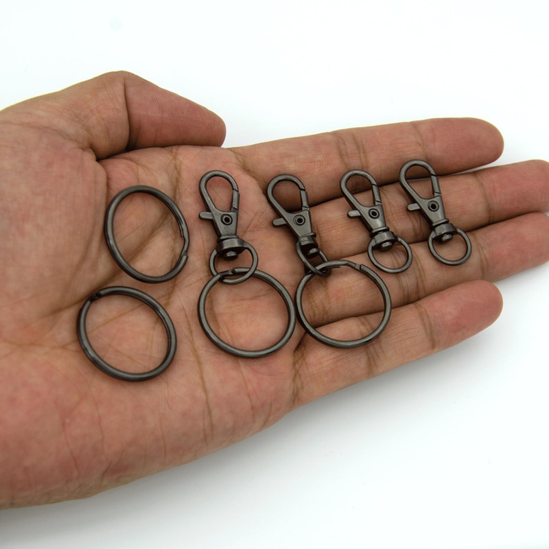 50pcs Gun Black Swivel Snap Hooks with Split Key Rings