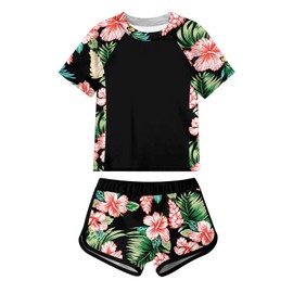 ADUKIDE Size 11 12 Kids Girl Rash Guard Swimsuit 2 Piece Tankini Set Flower Short Sleeve Bathing Suit with Shorts UV Protection