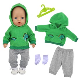 14-18 Inch Doll Clothes, 4 Pcs 35-45cm Baby Doll Clothes 43cm Doll Outfits, Green Dinosaur Sweater + Gray Pants + White Socks, Girl Doll Accessories, as a Gift to Little Girls
