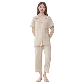 Joyaria Capri Pajamas for Women Bamboo Viscose Pjs Set Soft Short Sleeve Bamboo Viscose Sleepwear Cream