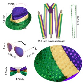 10 Pieces Mardi Gras Costume Accessory Set, Fedora Sequins Party Favour Includes Mardi Gras Fedora Hat Mardi Gras Necklace Beads for Men Women