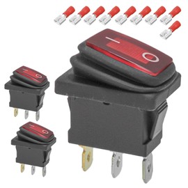 3-Pack Waterproof Rocker Toggle Switch with Red Light, ON/Off SPST 3Pin Illuminated Lighted Boat Switches for Home Auto Car Marine Boat, KCD1-101