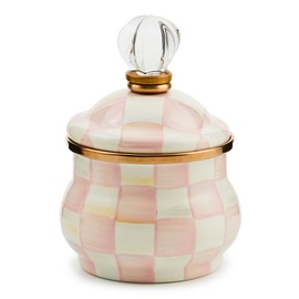 MACKENZIE-CHILDS Enamel Lidded Sugar Bowl, Small Serving Bowl with Lid, 10-Ounce Capacity, Pink-and-White Rosy Check