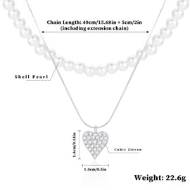 Layered Pearl Necklaces for Women - 16K Gold Plated Love Inlaid Zircon Pendant Choker Dainty Necklace Jewelry