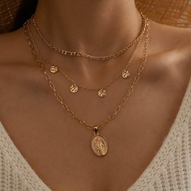 TseenYi Layered Coin Disc Necklace Mary Pendant Necklace Gold Layered Chain Necklace Chunky Layer Chain Necklace Disc Tassel Choker Necklace Sequins Fringe Charm Necklace