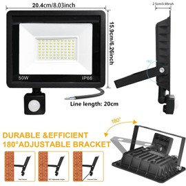 CREATESTAR LED Outdoor Spotlight 50 W with Motion Sensor, Construction Spotlight 6000 LM Outdoor Spotlight 6500 K Cool White Headlight IP66 Waterproof, LED Floodlight for Warehouse, Garage, Sports