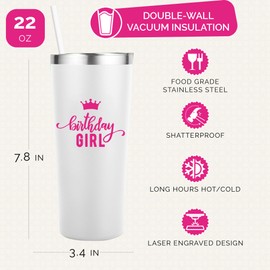 Birthday Girl White Stainless Steel Insulated Tumbler, 22 Oz Wine Tumbler, Pink and White, Birthday Girl Wine Cup, Birthday Glasses, Birthday Girl Cups, Birthday Tumbler for Women