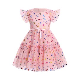 FYMNSI Kids Girls Flower Girl Dress Toddler Princess Reflective Butterfly Ruffle Mesh Layered Tulle Tutu Summer Causal Formal Dresses Birthday Party Christmas Pageant Wedding Ball Gowns Pink 4-5T