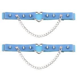 Women Girl Leather Heart Garters Leg Ring Belt Punk Studded Chain Elastic Thigh Ring Garters Adjustable Blue