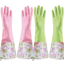 KINGFINGER Rubber Latex Cleaning Gloves, Dishwashing Gloves, Long Cuff and Flock Lining, Household Gloves, Medium, 2 Pairs
