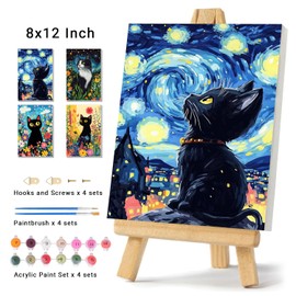 4 Pack Framed Paint by Numbers Kit for Adults Beginner Canvas Painting by Numbers for Adults Black Cat Easy Adult Paint by Number Kits with Frame Starry Night Watercolor Painting by Number 8x12 Inch