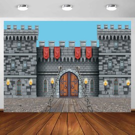 Medieval Castle Backdrop 7 x 5 ft, Knight Castle Medieval Party Decoration Banner, Medieval Arches Entrance Door Stone Wall Background Polyester for Kids Boys Birthday Party Photo Props Supplies